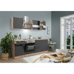 Küchenzeile 'Merle' mit E-Geräten KB210ESGS grau/eichefarben 210 cm