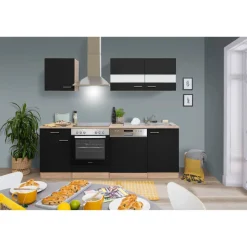 Küchenzeile 'Merle' mit E-Geräten KB220ESSC schwarz/eichefarben 220 cm