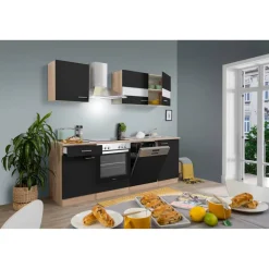 Küchenzeile 'Merle' mit E-Geräten KB220ESSC schwarz/eichefarben 220 cm