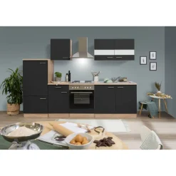Küchenzeile 'Merle' mit E-Geräten KB270ESS schwarz/eichefarben 270 cm