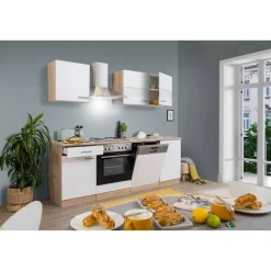 Küchenzeile 'Merle' mit E-Geräten KB220ESW weiß/eichefarben 220 cm