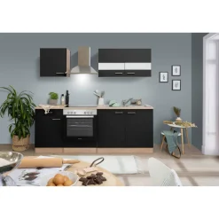 Küchenzeile 'Merle' mit E-Geräten KB210ESSC schwarz/eichfarben 210 cm