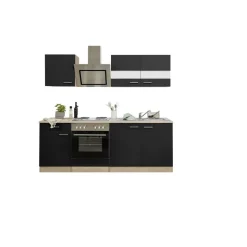 Küchenzeile 'Merle' mit E-Geräten KB210ESSS schwarz/eichefarben 210 cm