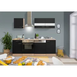 Küchenzeile 'Merle' mit E-Geräten KB220ESS schwarz/eichefarben 220 cm