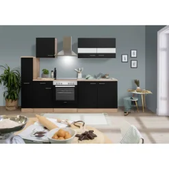 Küchenzeile 'Merle' mit E-Geräten KB240ESSC schwarz/eichefarben 240 cm