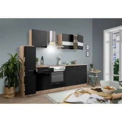 Küchenzeile 'Merle' mit E-Geräten KB240ESSC schwarz/eichefarben 240 cm