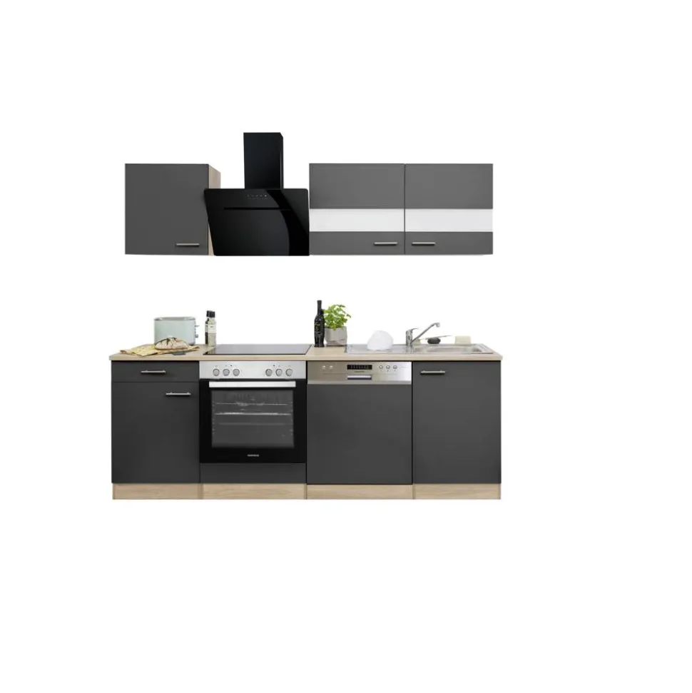 Küchenzeile 'Merle' mit E-Geräten KB220ESGSSC grau/eichefarben 220 cm