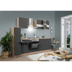 Küchenzeile 'Merle' mit E-Geräten KB240ESG grau/eichefarben 240 cm