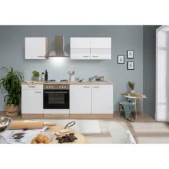 Küchenzeile 'Merle' mit E-Gräten KB210ESW weiß/eichefarben 210 cm