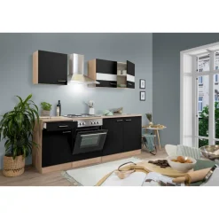 Küchenzeile 'Merle' mit E-Gräten KB210ESS schwarz/eichefarben 210 cm