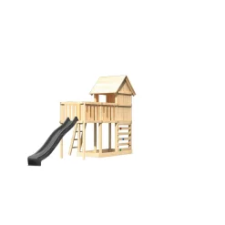 Kinderspielhaus 'Frieda' Fichtenholz naturbelassen mit Rutsche anthrazit, Anbauplattform, Kletterwand 107 x 291 x 107 cm