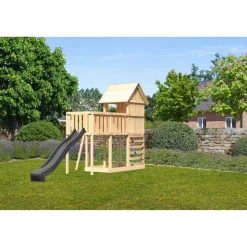 Kinderspielhaus 'Frieda' Fichtenholz naturbelassen mit Rutsche anthrazit, Anbauplattform, Kletterwand 107 x 291 x 107 cm