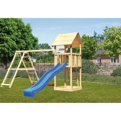Kinderspielturm 'Lotti' Doppelschaukelanbau Klettergerüst Rutsche blau