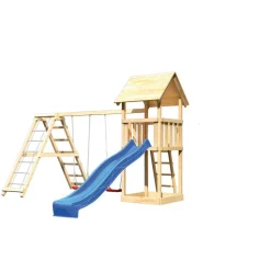 Kinderspielturm 'Lotti' Doppelschaukelanbau Klettergerüst Rutsche blau