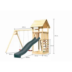Kinderspielturm 'Lotti' Fichtenholz naturbelassen mit Rutsche anthrazit, Doppelschaukel, Kletterwand 107 x 291 x 107 cm