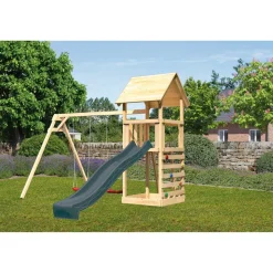 Kinderspielturm 'Lotti' Fichtenholz naturbelassen mit Rutsche anthrazit, Doppelschaukel, Kletterwand 107 x 291 x 107 cm