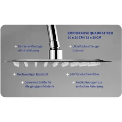 Kopfbrause Edelstahl silbern 20 x 20 cm
