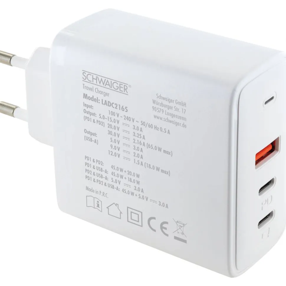 Ladeadapter weiß 65 W 1 x USB-A/2 x USB-C
