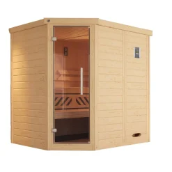 Massivholz-Elementsauna 'Kemi Eck' 196 x 146 x 200 cm mit Glastür