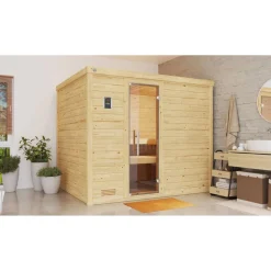 Massivholzsauna 'Bergen 3' natur Glastür 238 x 205 x 188 cm, ohne Ofen