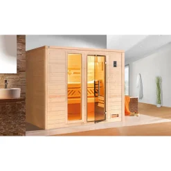 Massivholzsauna 'Bergen 3' natur Glastür, Fenster 238 x 205 x 188 cm, ohne Ofen