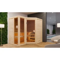 Massivholzsauna 'Ricarda' naturbelassen mit bronzierter Tür 9 kW Bio-Ofen externe Steuerung Easy 236 x 184 x 209 cm
