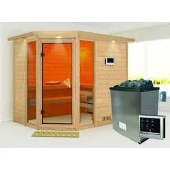 Massivholzsauna 'Sinai 3' mit Ofen und Dachkranz natur 264 x 212 x 198 cm, 9 kW