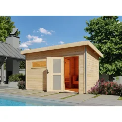 Massivholzsauna 'Skrollan 3' mit Vorraum natur 396 x 227 x 231 cm, 9 kW