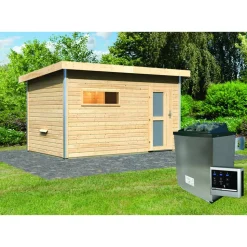Massivholzsauna 'Skrollan 3' mit Vorraum und Ofen natur 396 x 227 x 231 cm, 9 kW