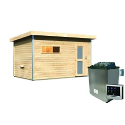 Massivholzsauna 'Skrollan 3' mit Vorraum und Ofen natur 396 x 227 x 231 cm, 9 kW