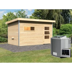 Massivholzsauna 'Skrollan 3' mit Vorraum und Bio-Ofen natur 396 x 227 x 231 cm, 9 kW
