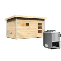 Massivholzsauna 'Skrollan 3' mit Vorraum und Bio-Ofen natur 396 x 227 x 231 cm, 9 kW