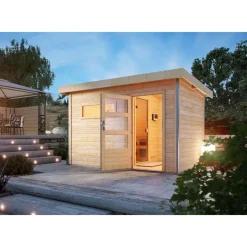 Massivholzsauna 'Skrollan 3' mit Vorraum und Ofen natur 396 x 227 x 231 cm, 9 kW