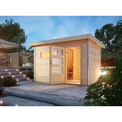 Massivholzsauna 'Skrollan 3' mit Vorraum natur 396 x 227 x 231 cm, 9 kW