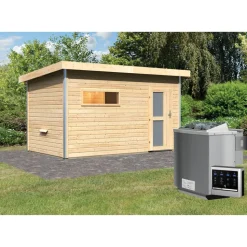 Massivholzsauna 'Skrollan 3' mit Vorraum und Bio-Ofen natur 396 x 227 x 231 cm, 9 kW