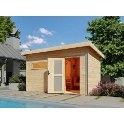 Massivholzsauna 'Skrollan 3' mit Vorraum und Bio-Ofen natur 396 x 227 x 231 cm, 9 kW