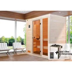 Massivholz-Sauna 'Valida 2' mit 7,5 kW OS-Ofenset, Steuerung, Glastür, Fenster 187 x 137 x 203,5 cm