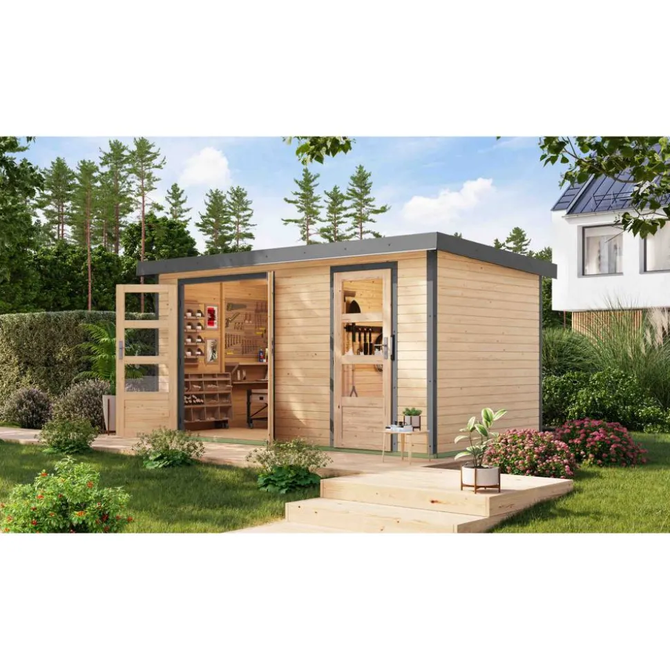 Metall-Holzgartenhaus 'Antaris A' Fichtenholz naturbelassen Metall graualuminium 400,5 x 209 x 213,5 cm