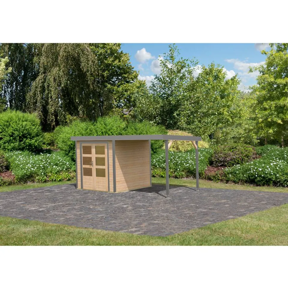Metall-Holzgartenhaus-Set 'Komet 2 A' Fichtenholz naturbelassen Metall graualuminium 438 x 208,5 x 213 cm