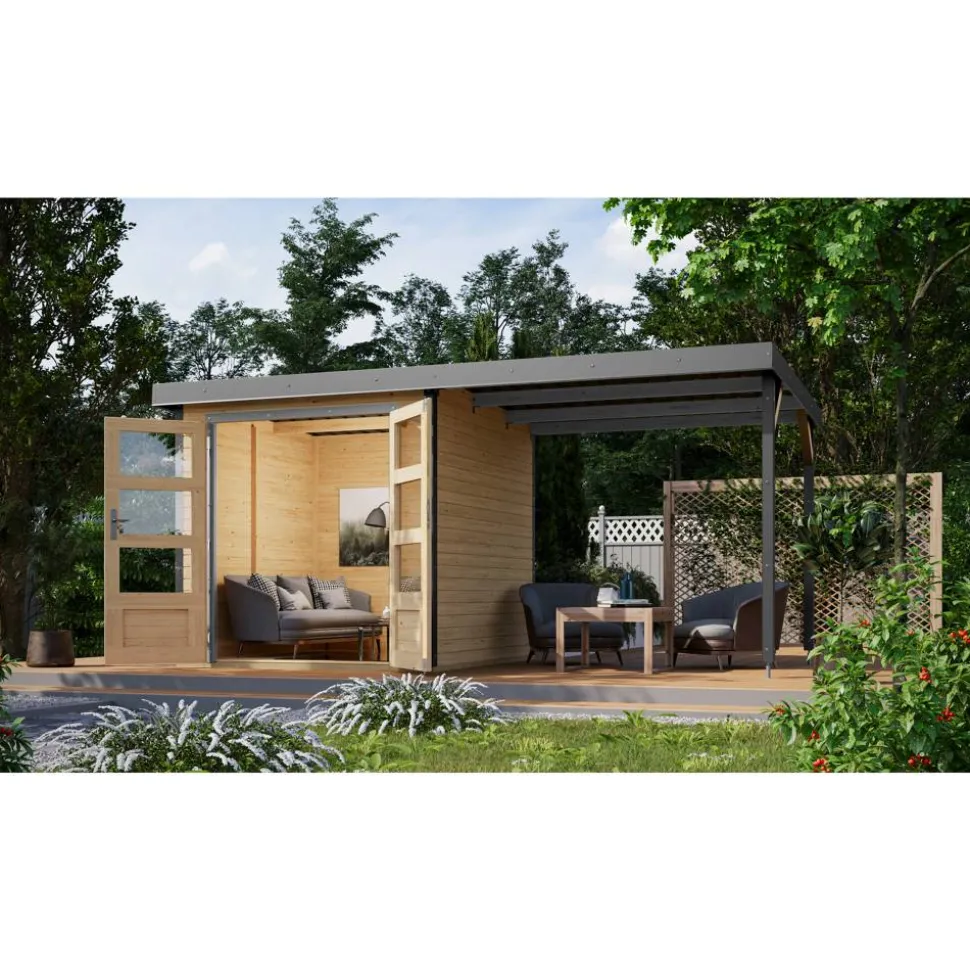 Metall-Holzgartenhaus-Set 'Komet 2 A' Fichtenholz naturbelassen Metall graualuminium 438 x 208,5 x 213 cm