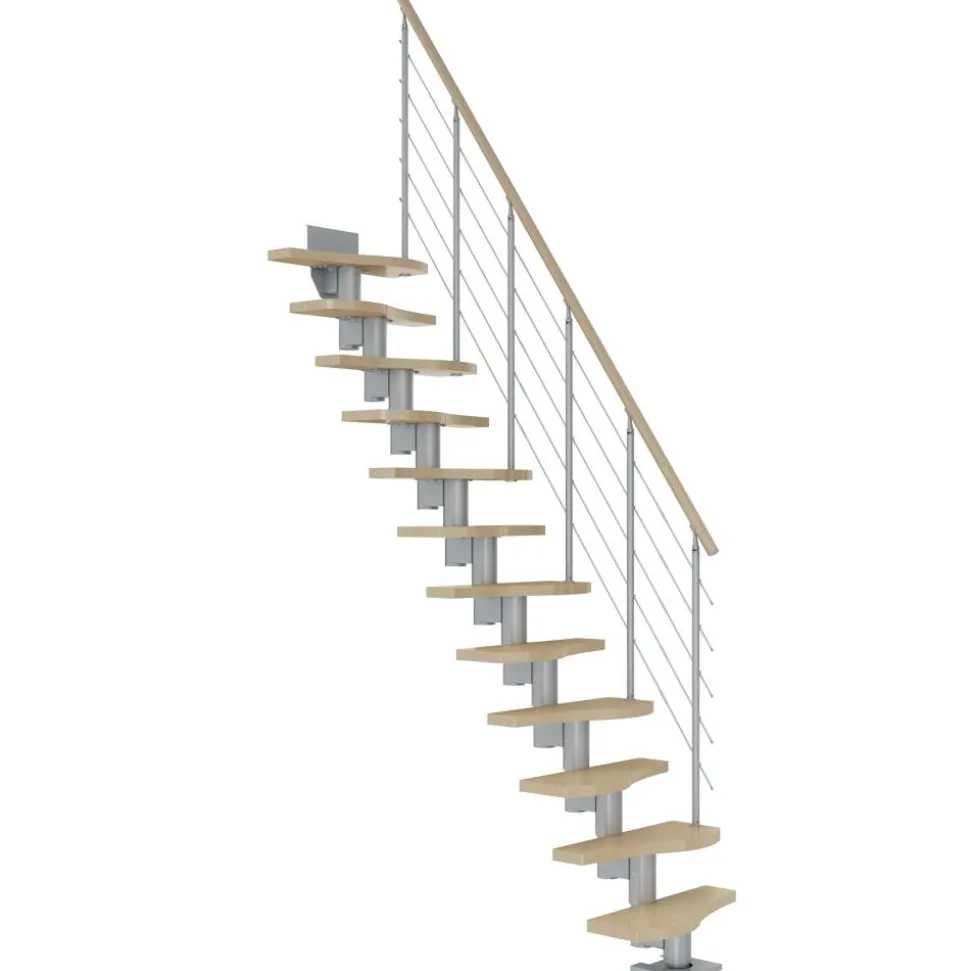 Mittelholmtreppe 'Basel' ahornfarbend/perlgrau gerade, Edelstahlgeländer 13 Stufen