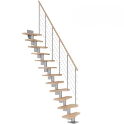 Mittelholmtreppe 'Basel' buchefarbend/perlgrau gerade, Edelstahlgeländer 11 Stufen