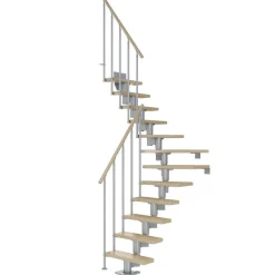 Mittelholmtreppe 'Dublin' ahornfarbend/perlgrau 1/4 gewendelt, Einzelstabgeländer 12 Stufen