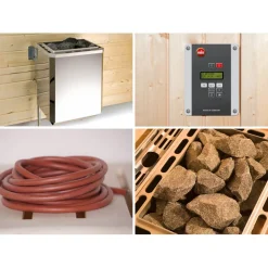 Premium-Massivholzsauna 'Bergen 1' mit 7,5 kW OS-Ofenset, Steuerung, Glastür 188 x 138 x 205 cm