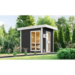 Premium-Saunahaus 'Kuopio 1' anthrazit 9,0 kW BioS-Ofen Steuerung Holztür Fenster 263 x 298 x 253 cm
