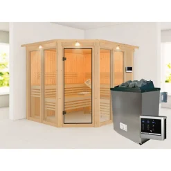 Sauna 'Ariadna 3' naturbelassen mit Kranz und bronzierter Tür 9 kW Ofen externe Steuerung 245 x 210 x 202 cm