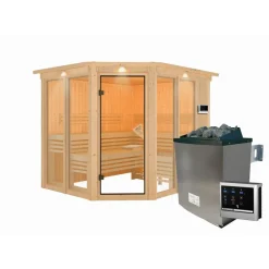 Sauna 'Ariadna 3' naturbelassen mit Kranz und bronzierter Tür 9 kW Ofen externe Steuerung 245 x 210 x 202 cm