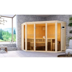 Sauna 'Aurelia 2' naturbelassen mit bronzierter Tür 9 kW Bio-Ofen mit externe Steuerung 231 x 231 x 198 cm