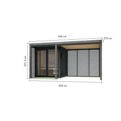 Saunahaus 'Aressa 1' anthrazit / graualuminium mit Anbaudach, Ofen 9 kW Bio externe Steuerung 452 x 231,5 x 276 cm