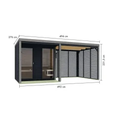 Saunahaus 'Aressa 2' anthrazit / graualuminium mit Anbaudach, Ofen 9 kW externe Steuerung 492 x 231,5 x 276 cm
